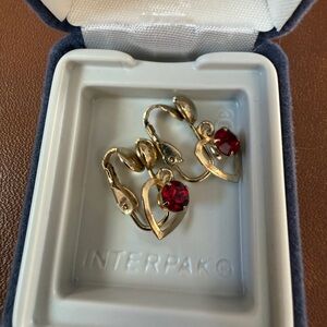 Gold Heart Earrings with Ruby Red Accents